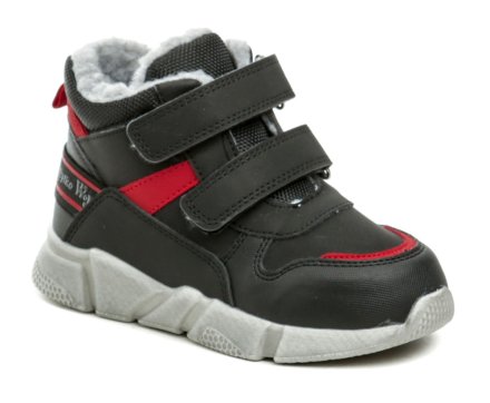 Kinder-Winterstiefel mit Klettverschluss, aus Synthetikmaterial und innen mit einem pelzigen Textilfell ausgestattet.