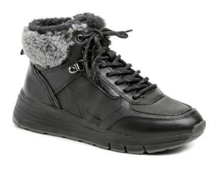 Winterstiefelette für Damen mit Schnürung und Reißverschluss. Die Schuhe sind aus einer Kombination aus echtem Naturleder und Synthetikmaterial gefertigt. Innen mit pelzigem Textilfell ausgestattet.
