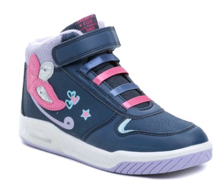Kinder-Winterstiefel mit Klettverschluss, aus Synthetikmaterial. Die Sohle und die Seite des Schuhs blinken beim Gehen.