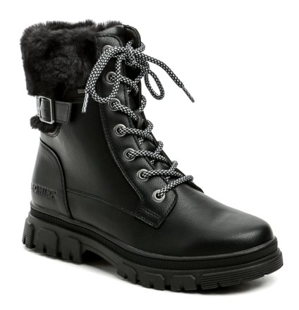 Damen-Winterstiefel mit Schnürsenkeln und normalem Reißverschluss. Die Schuhe bestehen aus synthetischem Material, sind mit flauschigem Textilfell isoliert und haben innen eine Romitex-Membran.