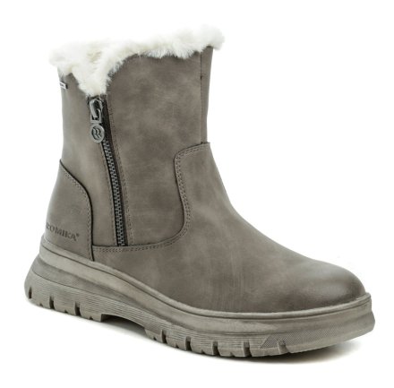 Winter-Wanderstiefel für Damen mit Reißverschluss. Die Schuhe sind aus Synthetikmaterial gefertigt und innen mit einem pelzigen Textilfell und einer Romitex-Membran isoliert.