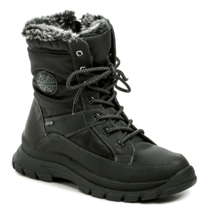 Winter-Wanderstiefel für Damen mit Schnürsenkeln und normalem Reißverschluss. Die Schuhe sind aus synthetischem Material, innen isoliert mit pelzigem Textilfell und Romitex-Membran.