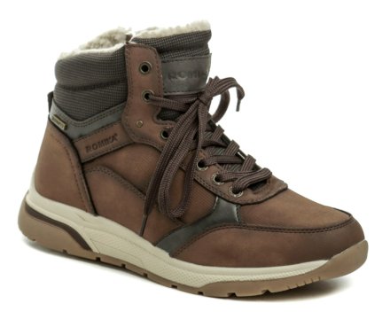 Winter-Wanderstiefel für Herren mit Schnürsenkeln und regulärem Reißverschluss. Die Schuhe sind aus synthetischem Material hergestellt, innen mit pelzigem Textilfell und Romitex-Membran isoliert.