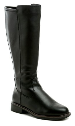 Hohe Damen-Winterwanderstiefel mit niedrigem Absatz und Reißverschluss, aus einer Kombination von Synthetik und flexiblem Textilmaterial im hinteren Bereich.