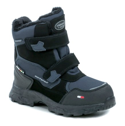 Kinder-Winter-Outdoor-Schuhe mit Klettverschluss aus einer Kombination aus synthetischem und textilem Softshell-Material.