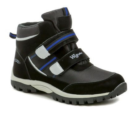 Herbst- und Frühjahrsstiefel für Kinder mit Klettverschluss aus einer Kombination von Synthetik- und Softshellmaterial, innen mit einem Textilfutter ausgestattet.