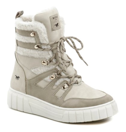 Damen Winterstiefel mit Schnürung und Reißverschluss, die Stiefel sind aus Synthetikmaterial kombiniert mit Textilpelz, innen isoliert mit pelzigem Textilpelz.