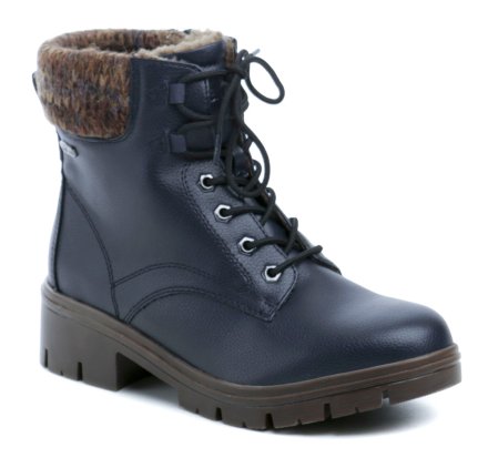 Winterstiefeletten für Damen mit Schnürung und Reißverschluss. Schuhe auf einem stabilen Absatz sind aus synthetischem Material gefertigt. Innen mit pelzigem Textilfell isoliert.