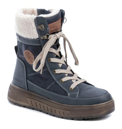 Winter-Wanderstiefel für Damen mit Schnürsenkeln und normalem Reißverschluss. Die Schuhe sind aus synthetischem Material, innen isoliert mit pelzigem Textilfell und Romitex-Membran.