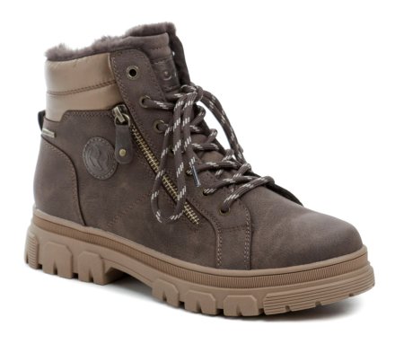 Winter-Wanderstiefel mit Schnürsenkeln und regulärem Reißverschluss. Die Schuhe sind aus synthetischem Material hergestellt, innen mit weichem Textilfell und Romitex-Membran isoliert.