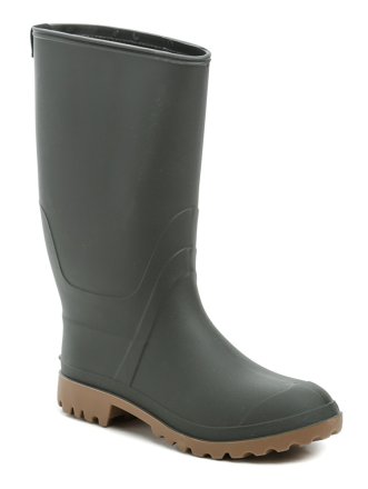 Ganzjährig wasserdichte hohe Stiefel vom Typ Gummistiefel. Die Schuhe sind aus synthetischem Kautschuk hergestellt, der resistent gegen Öle und Säuren ist.
