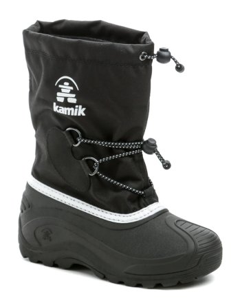 Wasserdichte Winterstiefel für Kinder mit Schnürung und Kordelzug im Knöchelbereich sowie am oberen Rand des Kragens. Die Schuhe sind aus einer Kombination von synthetischem Gummi mit Textilmaterial hergestellt.