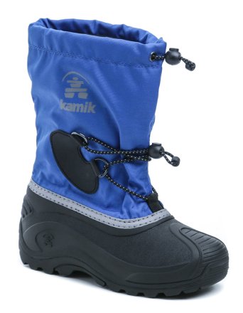 Wasserdichte Winterstiefel für Kinder mit Schnürung und Kordelzug im Knöchelbereich sowie am oberen Rand des Kragens. Die Schuhe sind aus einer Kombination von synthetischem Gummi mit Textilmaterial hergestellt.
