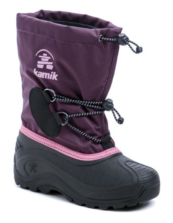 Wasserdichte Winterstiefel für Kinder mit Schnürung und Kordelzug im Knöchelbereich sowie am oberen Rand des Kragens. Die Schuhe sind aus einer Kombination von synthetischem Gummi mit Textilmaterial hergestellt.