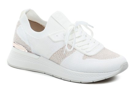 Sommerliche Wanderschuhe für Frauen mit Schnürsenkeln. Der Schuh ist aus Textilmaterial hergestellt, der innere Teil besteht aus einer Kombination aus Textil und Synthetik.