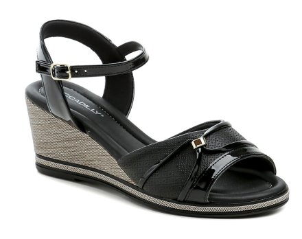 Damen-Sommer-Gesundheits-Walking-Schuhe auf Keile mit einer losen Zehe mit einem Verschluss um den Knöchel. Die Schuhe sind aus hochwertigem Synthetikmaterial und gepolstertem Textilfutter hergestellt. 