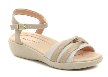 Damen-Sommer-Gesundheits-Walking-Schuhe auf einem niedrigen Keil mit einer losen Spitze mit einem Verschluss um den Knöchel. Die Schuhe sind aus hochwertigem Synthetikmaterial und gepolstertem Textilfutter gefertigt.