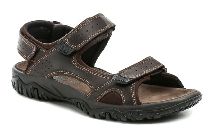 Herren-Sommer-Wandersandalen mit Klettverschluss. Die Schuhe sind aus echtem Naturleder kombiniert mit Textilmaterial hergestellt.