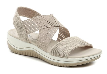 Damen-Sommer-Wanderschuhe, Weite H, Keilsandaletten. Die Schuhe sind aus einer Kombination von flexiblem Textilmaterial hergestellt.