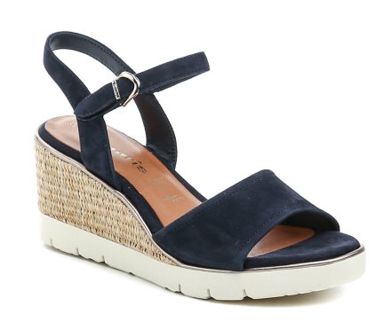 Damen-Sommer-Walking-Sandalen auf Keilabsatz, aus einer Kombination von echtem Leder, Textil und synthetischem Material.