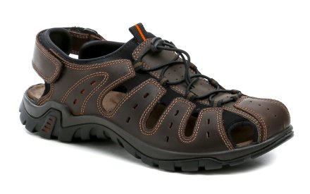 Herren-Sommer-Wandersandale mit Klettverschluss an der Ferse. Die Schuhe sind aus echtem Naturleder in Kombination mit Textilmaterial hergestellt.