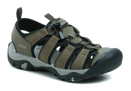 Herren-Sommer-Wandersandalen mit verdeckter Spitze zum Anziehen und Anziehen mit elastischen Schnürsenkeln mit Slip-on. Die Schuhe sind aus einer Kombination von synthetischem und textilem Material hergestellt.