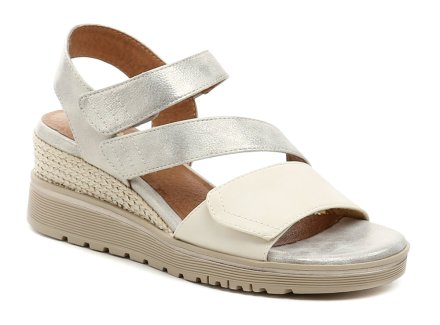 Damen-Sommer-Walking-Sandalen auf einem Keil mit Klettverschluss über den Knöchelriemen. Schuhe aus synthetischem Material kombiniert mit Textil.