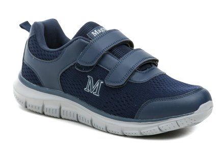 Sommerliche Herren-Wanderschuhe mit Klettverschluss, aus einer Kombination von Synthetik und Textilmaterial.