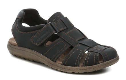 Herren-Sommer-Wandersandalen mit überzogener Spitze und Klettverschluss. Das Schuhwerk ist aus synthetischem Material in Kombination mit Textil hergestellt.
