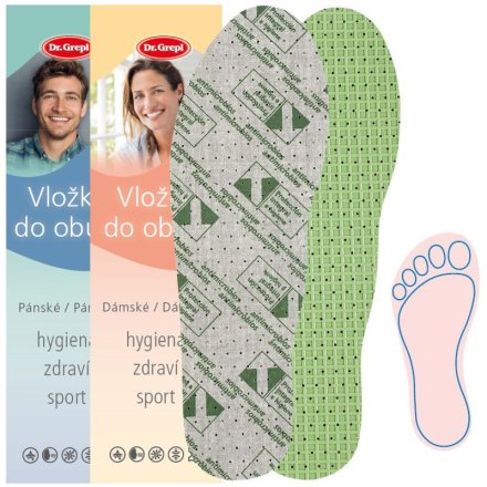 Herren-Ganzjahres-Einlegesohlen zum Einlegen in Schuhe mit antibakterieller Behandlung, hergestellt aus einer Kombination von synthetischem Schaumstoff und textilem Filzmaterial. 