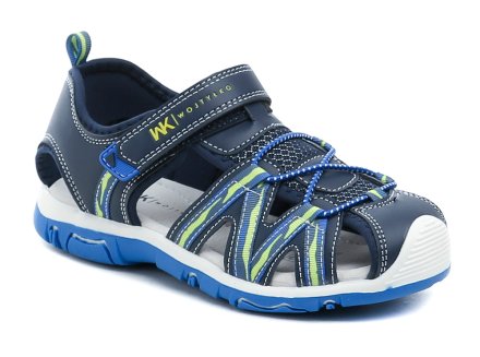 Kinder-Sommer-Freizeitschuhe mit einem Klettverschluss über dem Knöchel. Die Schuhe sind aus Kunstleder in Kombination mit Textil hergestellt. Die Innensohle ist aus Naturleder.
