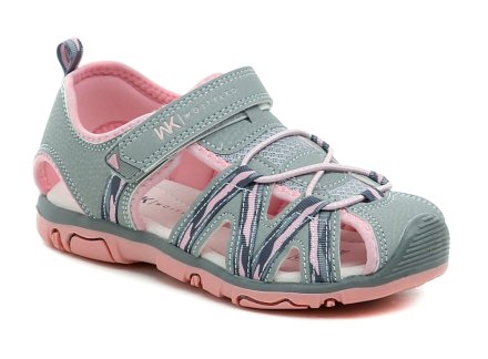 Kinder-Sommer-Freizeitschuhe mit einem Klettverschluss über dem Knöchel. Die Schuhe sind aus Kunstleder in Kombination mit Textil hergestellt. Die Innensohle ist aus Naturleder.