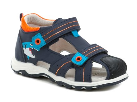 Kindersommer-Freizeitschuhe mit 2 Klettverschlüssen über dem Knöchel. Die Schuhe sind aus Kunstleder gefertigt. Die Innensohle und das Futter der Schuhe sind aus Naturleder.