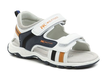 Kindersommer-Freizeitschuhe mit 2 Klettverschlüssen über dem Knöchel. Die Schuhe sind aus Kunstleder gefertigt. Die Innensohle und das Futter der Schuhe sind aus Naturleder.