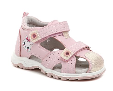Kindersommer-Freizeitschuhe mit 2 Klettverschlüssen über dem Knöchel. Die Schuhe sind aus Kunstleder gefertigt. Die Innensohle und das Futter der Schuhe sind aus Naturleder.