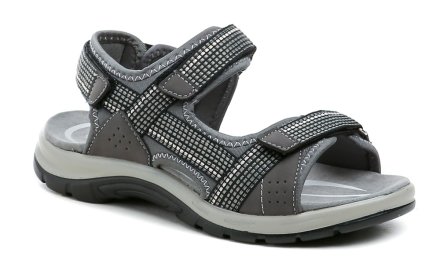 Sommerliche Wandersandalen mit Klettverschluss, aus einer Kombination von Textil und Synthetikmaterial.