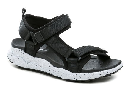 Sommerliche Damen-Walking-Sandalen mit Klettverschluss aus einer Kombination von Textil und Synthetikmaterial.