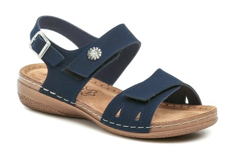 Damen-Sommer-Walking-Sandale auf leichtem Keil mit Klettverschluss und einem Riemen mit Schnalle, aus einer Kombination von synthetischem und textilem Material mit echtem Leder.