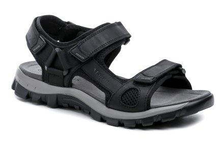 Herren-Sommer-Wandersandalen mit Klettverschluss. Die Schuhe sind aus einer Kombination aus echtem Leder und Textilmaterial hergestellt.