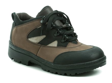 Ganzjahres-Wander- und Arbeitsschuhe für Männer mit Schnürsenkeln und schützendem Gummimaterial an der Schuhspitze. Die Schuhe sind aus echtem Naturleder mit wasserdichter Sympatex-Membran gefertigt.
