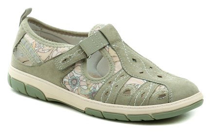 Sommerliche Damen-Wanderschuhe mit Klettverschluss. Die Schuhe sind aus einer Kombination aus Textil und Synthetik hergestellt.