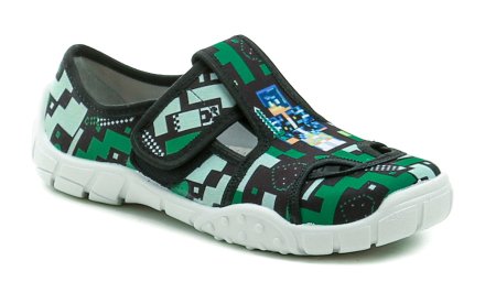 Ganzjährige Freizeit- und Schlupfschuhe für Kinder mit Klettverschluss, aus Textilmaterial mit einer Innensohle aus echtem Leder.