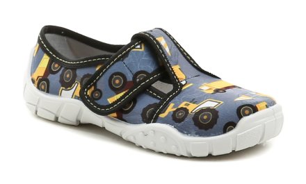 Ganzjährige Freizeit- und Schlupfschuhe für Kinder mit Klettverschluss, aus Textilmaterial mit einer Innensohle aus echtem Leder.