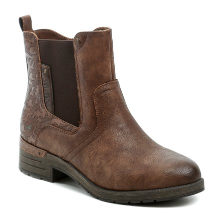 Damen-Winterstiefeletten mit mittlerem Absatz und Reißverschluss. Die Schuhe sind aus synthetischem Material gefertigt und innen mit flauschigem Textilfell isoliert.