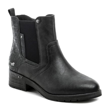 Damen-Winterstiefeletten mit mittlerem Absatz und Reißverschluss. Die Schuhe sind aus synthetischem Material gefertigt und innen mit flauschigem Textilfell isoliert.