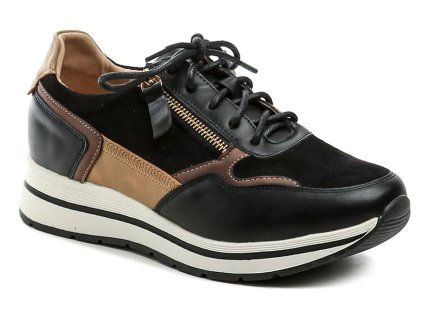 Damen-Ganzjahres-Wanderschuhe mit leichtem Keilabsatz, Schnürung und Reißverschluss. Die Schuhe bestehen aus synthetischem Material in Kombination mit einer Lederinnensohle.
