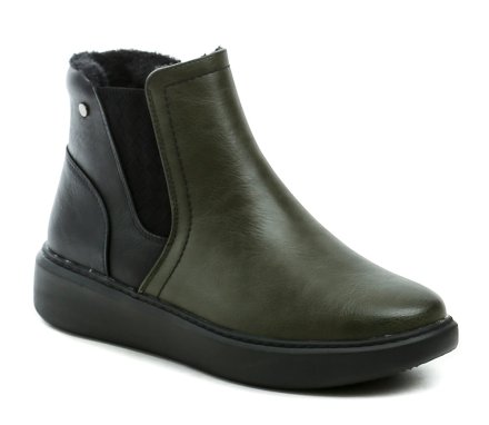 Damen-Winterstiefeletten mit Reißverschluss. Die Schuhe sind aus synthetischem Material gefertigt und innen mit flauschigem Textilfell isoliert.
