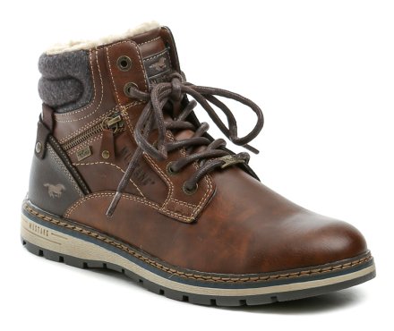 Herren-Winterstiefeletten mit Schnürung und Reißverschluss. Die Schuhe bestehen aus synthetischem Material mit MustangTEX-Membran, innen mit flauschigem Textilfell isoliert.