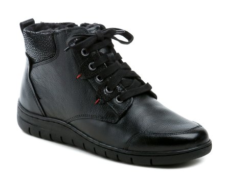 Damen Winterstiefeletten mit Schnürung und Reißverschluss. Die Schuhe sind aus echtem Leder gefertigt und innen mit flauschigem Textilfell gefüttert.