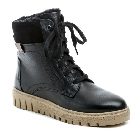 Damen Winterstiefeletten mit Schnürung und Reißverschluss. Die Schuhe sind aus echtem Leder gefertigt und innen mit flauschigem Textilfell gefüttert.